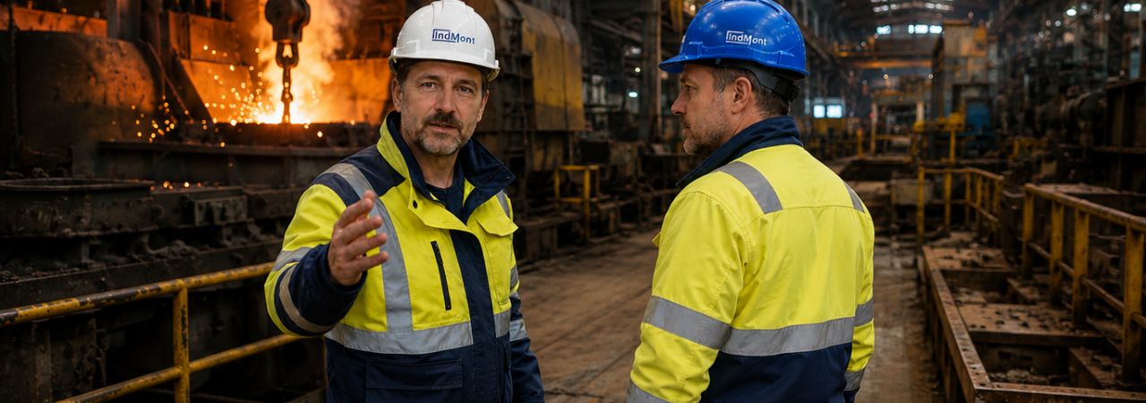 Kadra zarządzająca Indmont podczas inspekcji technicznej na terenie obiektu przemysłowego.
